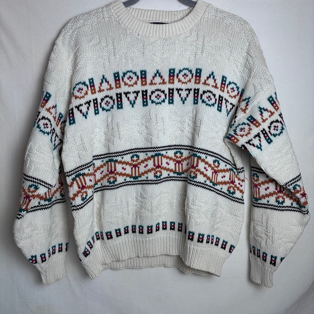 Vintage Lands End Cotton Knit Sweater Womens Large White Fair Isle Pattern USA